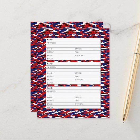 Red white and blue Camouflage address book page (Vorderseite/Rückseite Beispiel)