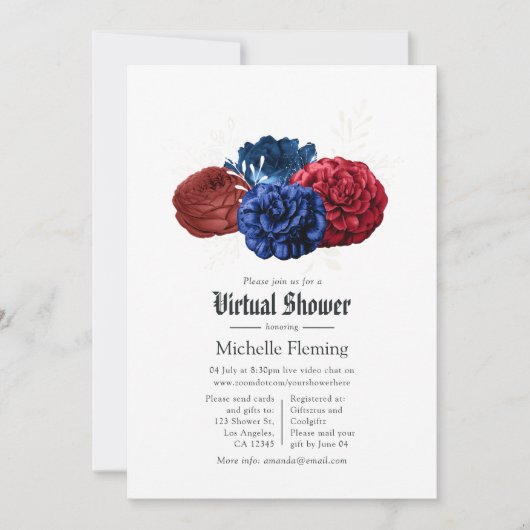 Red White and Blue Floral 4. Juli Virtual Dusche Einladung (Vorderseite)