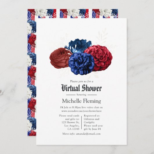Red White and Blue Floral 4. Juli Virtual Dusche Einladung (Vorne/Hinten)