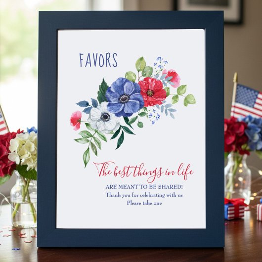 Red White and Blue Floral Favor Table Sign Poster
