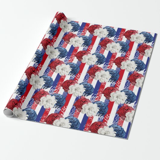 Red, White and Blue Floral USA Muster Geschenkpapier (Ungerollt)