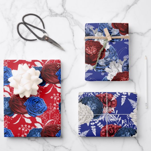 Red, White and Blue Floral USA Muster Geschenkpapier Set (Vorderseite)