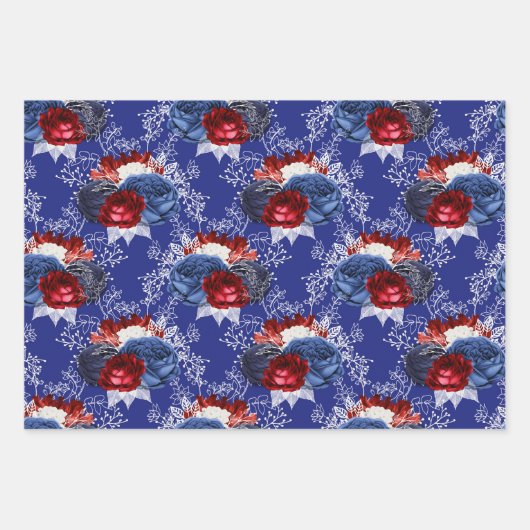 Red, White and Blue Floral USA Muster Geschenkpapier Set (Vorderseite 2)
