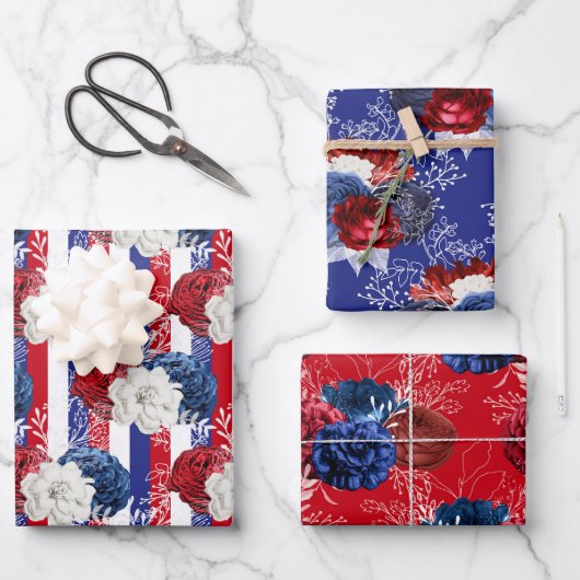 Red, White and Blue Floral USA Muster Geschenkpapier Set (Vorderseite)