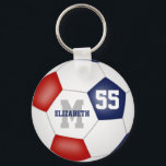 red white and blue girls boys soccer ball schlüsselanhänger<br><div class="desc">This sporty soccer keychain for girls or boys features a traditional style soccer ball with red,  white and blue panels - customize the player's name,  monogram and jersey number - by katz_d_zynes</div>