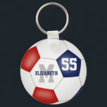 red white and blue girls boys soccer ball schlüsselanhänger<br><div class="desc">This sporty soccer keychain for girls or boys features a traditional style soccer ball with red,  white and blue panels - customize the player's name,  monogram and jersey number - by katz_d_zynes</div>