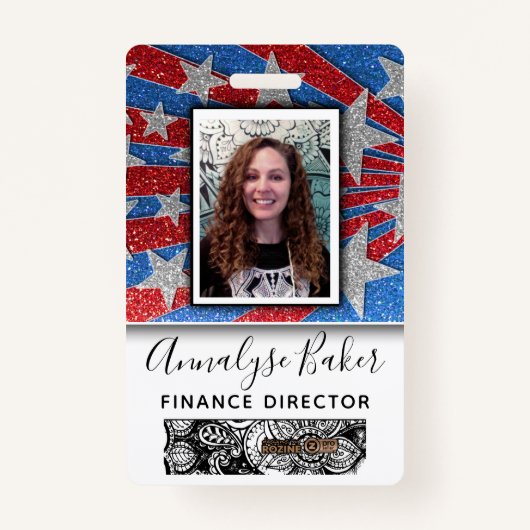 Red White and Blue Glitzer Nurse USA Foto Name Ausweis (Vorderseite)
