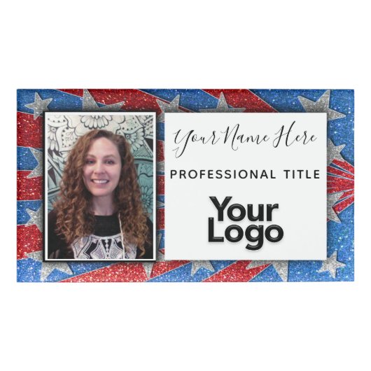 Red White and Blue Glitzer USA Foto Mitarbeiter Namenschild (Vorderseite)