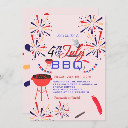 Red White and Blue GRILLEN Feuerwerk 4. Juli Party Einladung (Vorne/Hinten)