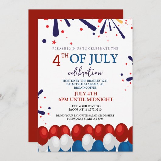 Red White and Blue GRILLEN Feuerwerk 4. Juli Party Einladung (Vorne/Hinten)