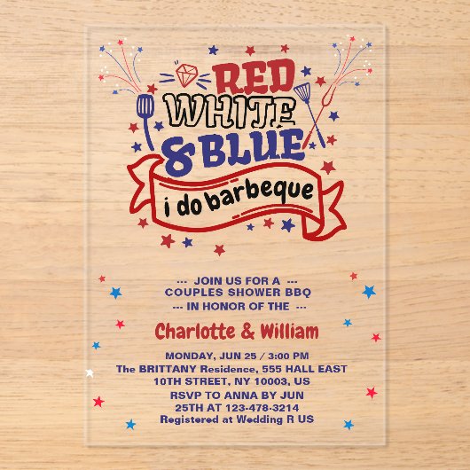 Red White and Blue i do GRILLEN Couple Brautparty Acryleinladungen (Vorderseite)