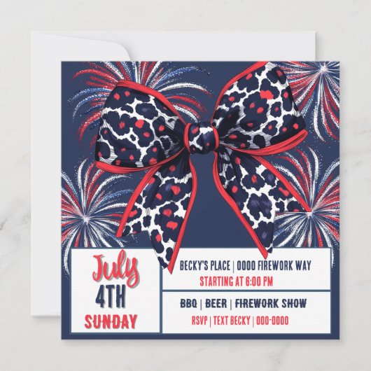 Red White and Blue Leopard Coquette Bow Einladung (Vorderseite)