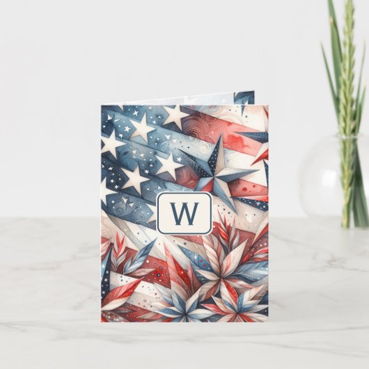 Red White and Blue Monogram Note Card (Vorderseite)