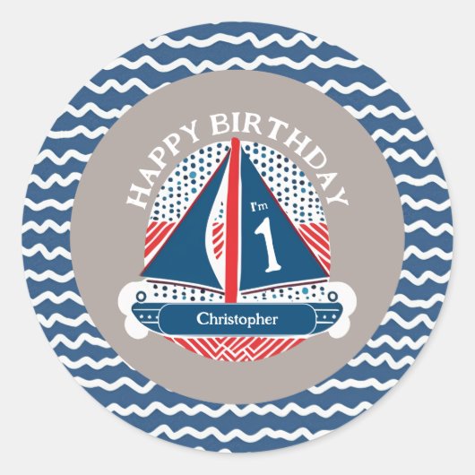 Red White and Blue Nausea Sailboat Birthday Runder Aufkleber (Vorderseite)