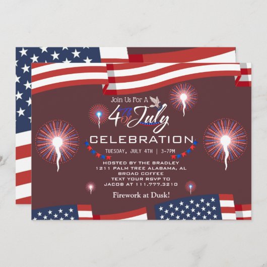 Red White and Blue Patriotic Feuerwerk 4. Juli Einladung (Vorne/Hinten)