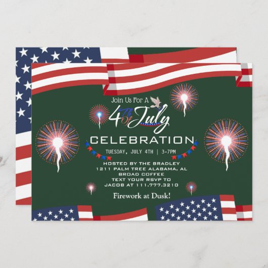 Red White and Blue Patriotic Feuerwerk 4. Juli Einladung (Vorne/Hinten)