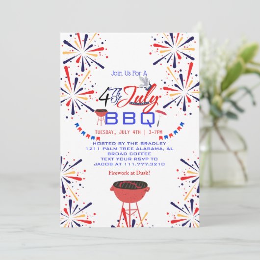 Red White and Blue Patriotic Feuerwerk 4. Juli Einladung (Stehend Vorderseite)
