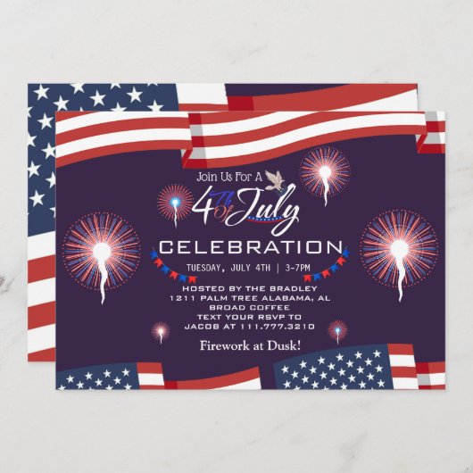 Red White and Blue Patriotic Feuerwerk 4. Juli Einladung (Vorne/Hinten)
