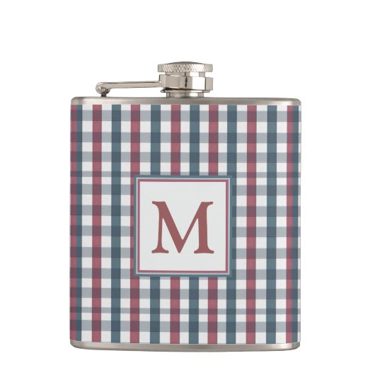 Red, White and Blue Plaid Monogram Flachmann (Vorderseite)
