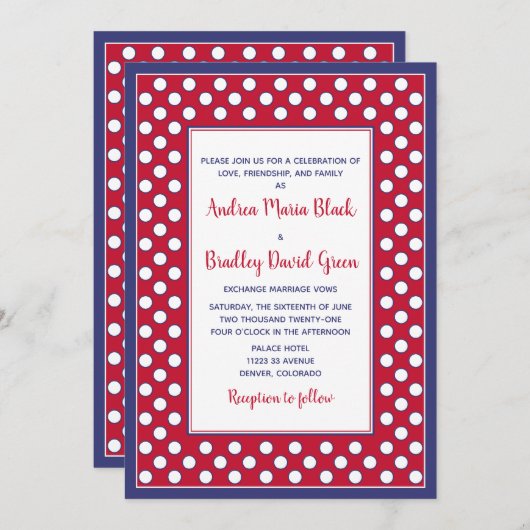 Red, White and Blue Polka Dot Wedding Einladung (Vorne/Hinten)