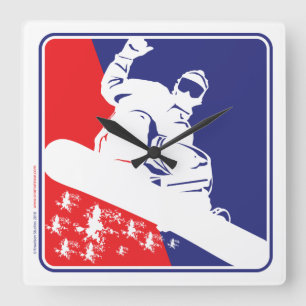 Red White and Blue Snowboarder Quadratische Wanduhr