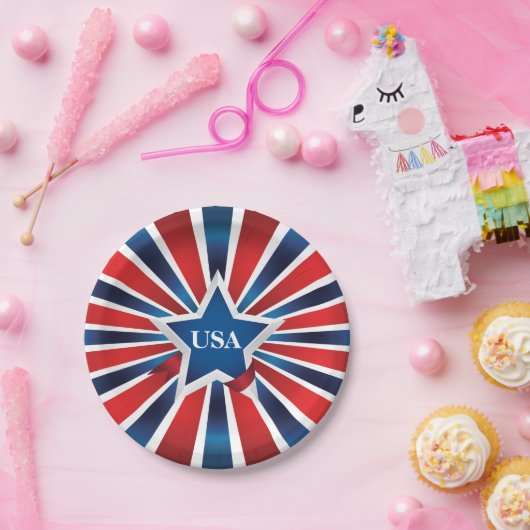 Red White and Blue Stripes USA Monogram Pappteller (Party)