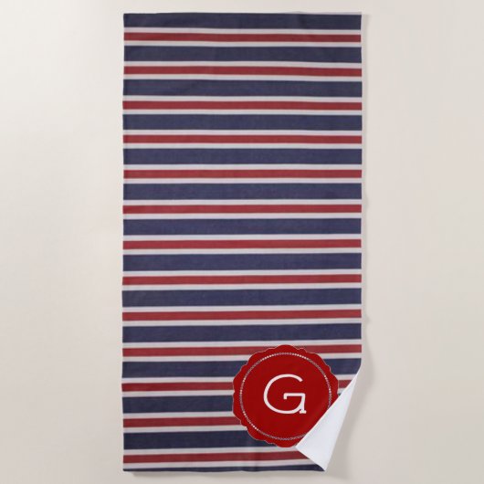 Red-White-and-Blue USA Monogram Stripe Design Strandtuch (Vorderseite)