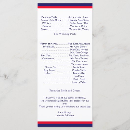 Red White and Blue Wedding Program Programm (Rückseite)