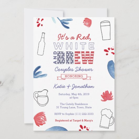 Red White and Brew Couples Dusche Engagement Party Einladung (Vorderseite)