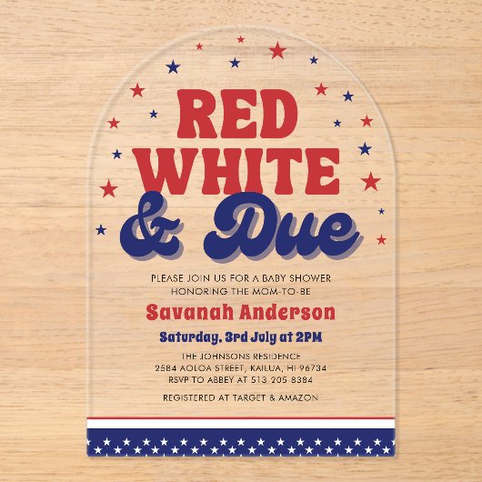 Red, White and Due 4 July Patriotic Baby Shower Acryleinladungen (Vorderseite)