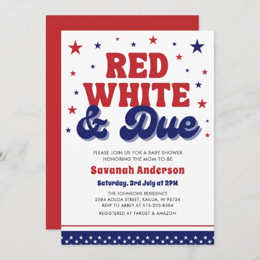 Red, White and Due 4 July Patriotic Baby Shower Einladung (Vorne/Hinten)