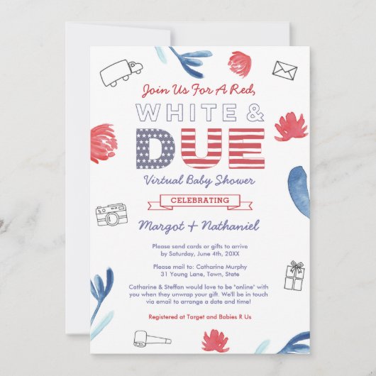 Red White and Due Patriotic Virtual Baby Dusche Einladung (Vorderseite)