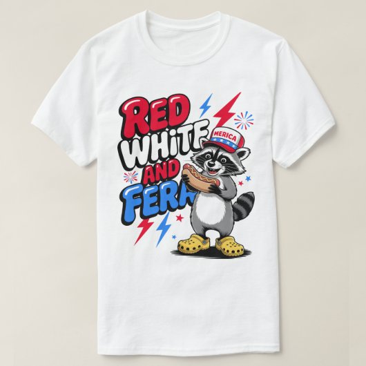 Red White and Feral Funny Funny Raccoon 4. Juli T-Shirt (Design vorne)