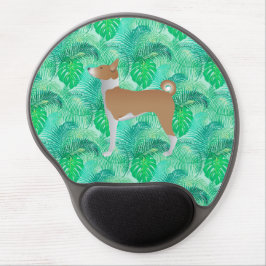 Red & White Basenji Dog & Green Tropical Blätter Gel Mousepad