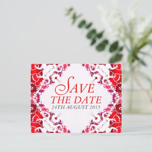 Red White Batik Save the Date Postcard Ankündigungspostkarte (Stehend Vorderseite)
