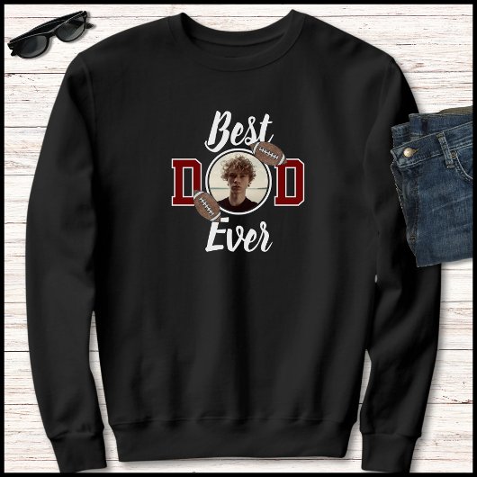 Red & White Best Dad Ever 1 Photo Football Graphic Sweatshirt