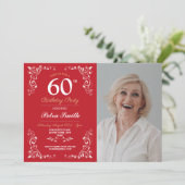 Red White Birthday Womens Classy 60. Foto Einladung (Stehend Vorderseite)