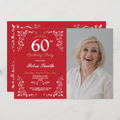 Red White Birthday Womens Classy 60. Foto Einladung (Vorne/Hinten)