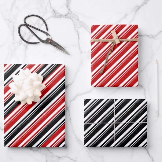 Red White Black Candy Cane Strip Holiday Geschenkpapier Set (Vorderseite)