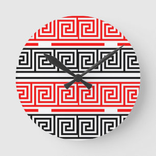 Red White Black Grikey Fret Pattern Design Runde Wanduhr