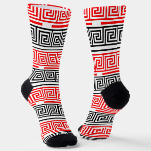 Red White Black Grikey Fret Pattern Design Socken