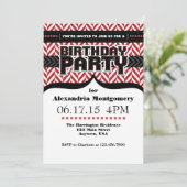 Red White Black Herringbone Birthday Einladung (Stehend Vorderseite)