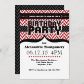 Red White Black Herringbone Birthday Einladung (Vorne/Hinten)