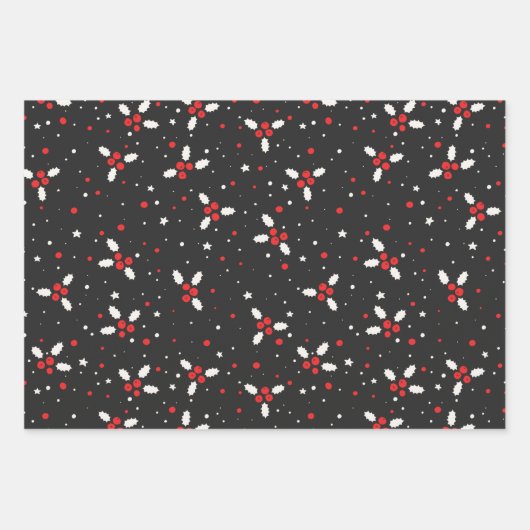 Red White Black Holly Berries Mistletoe Weihnachte Geschenkpapier Set (Vorderseite 2)