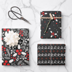 Red White Black Holly Berries Mistletoe Weihnachte Geschenkpapier Set