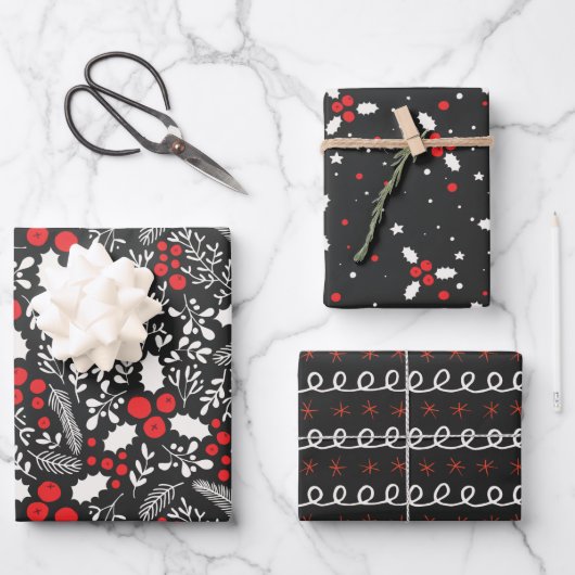 Red White Black Holly Berries Mistletoe Weihnachte Geschenkpapier Set (Vorderseite)