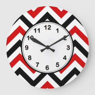 Red, White, Black Large Chevron ZigZag Pattern Große Wanduhr