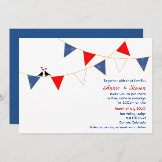Red White Blue America Bunting Wedding Einladung (Vorne/Hinten)