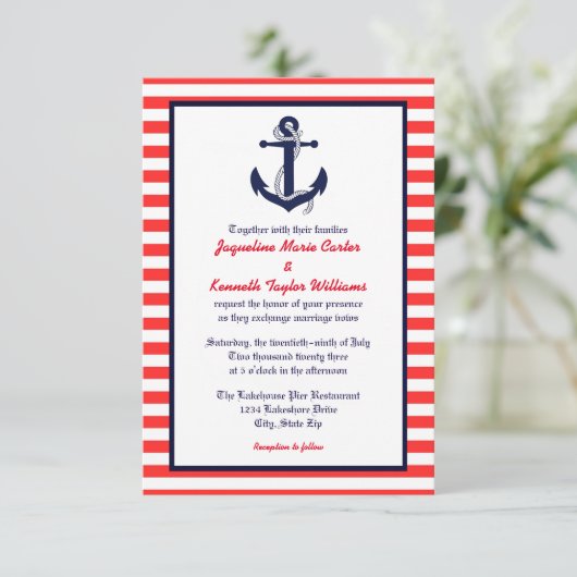Red White & Blue Anchor - 3x5 Einladung zur Hochze (Stehend Vorderseite)