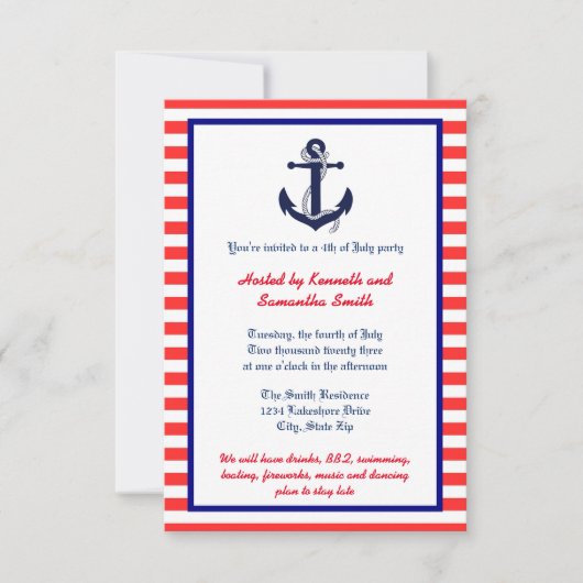 Red White & Blue Anchor - 3x5 Party Einladung (Vorderseite)